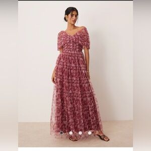 Off-Shoulder Maxi Dress in Dusty Rose Floral
Lace & Beads